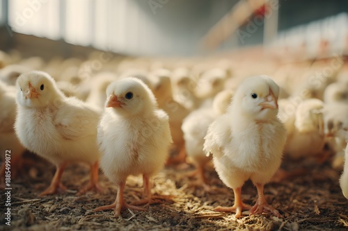 Ultra realistic commercial chicken farm healthy chicks walking calmly on clean floor. Chicks look active, bright-eyed, clean feathers, Premium natural farming ad style, realism & cinematic
