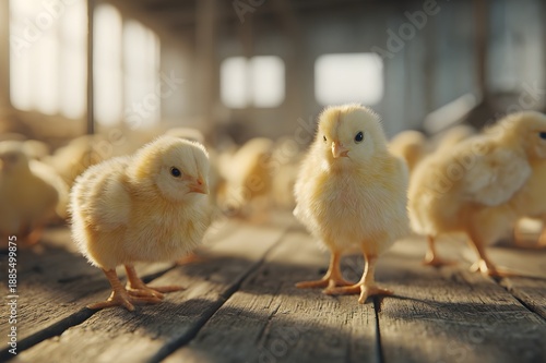 Ultra realistic commercial chicken farm healthy chicks walking calmly on clean floor. Chicks look active, bright-eyed, clean feathers, Premium natural farming ad style, realism & cinematic