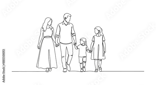 Family of four holding hands together walking.
