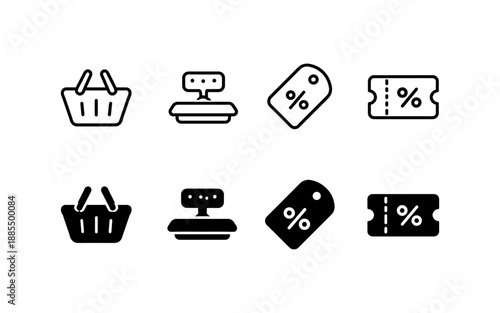 Collection of shopping icons including basket, cash register, discount tag, and coupon