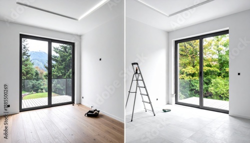 Bright, minimalist interior featuring large windows with scenic views, showcasing a modern renovation with natural light.