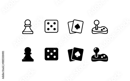 Collection of game icons including chess pawn, dice, playing cards, and joystick