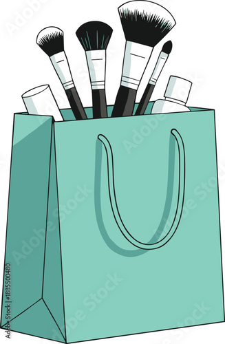 Makeup brushes in shopping bag cosmetics beauty retail purchase concept flat vector illustration