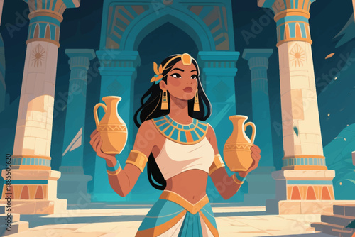 Illustration Of A Woman Carrying Two Ancient Vases, The Woman Is Wearing Traditional Clothing Vector Design Template