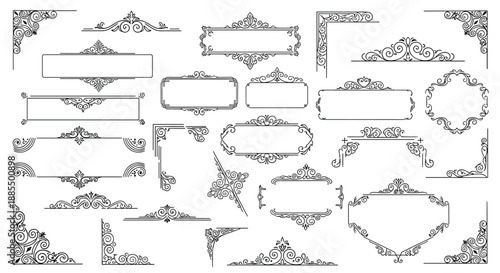 Collection of various ornate black frames and decorative corner borders in vintage and classical styles on white.