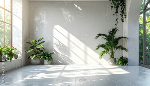 Bright minimalist room with large windows, sunlight, and lush green plants creating a serene atmosphere.