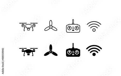 Set of drone icons including drone, propeller, remote control, and Wi-Fi signal