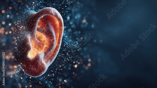 Abstract cosmic ear with swirling particles and glowing light effects