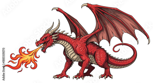 Powerful red dragon with large wings breathing a stream of fire while standing firmly on a plain white background.