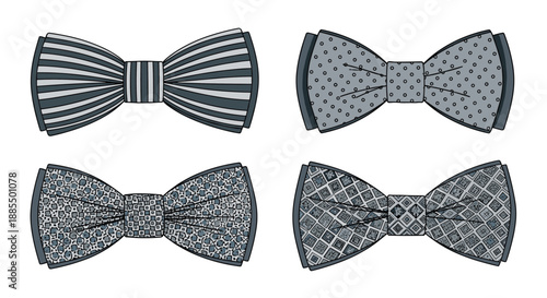 Four stylish patterned bow ties in shades of gray including stripes dots and geometric designs on white background.