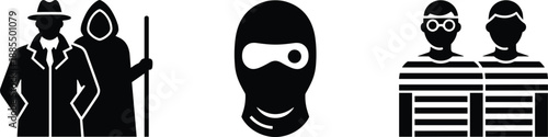 Crime and security icons set showing thieves burglars masked criminals and robbery suspects silhouettes for safety warning illustration.