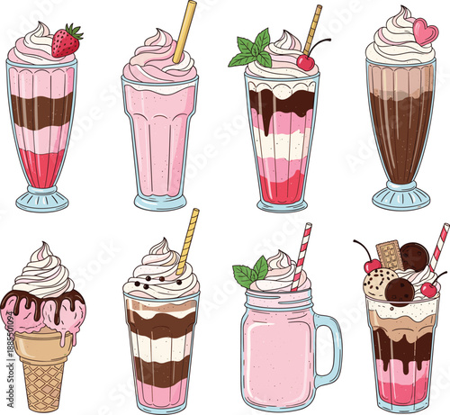 Milkshakes and ice cream desserts collection with chocolate strawberry vanilla flavors sweet cafe flat vector illustration