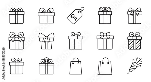 Minimal gift and present icon set in thin line outline style with consistent stroke width.