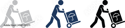 Delivery worker pushing hand truck with fragile package icon set in multiple colors isolated vector illustration design symbols