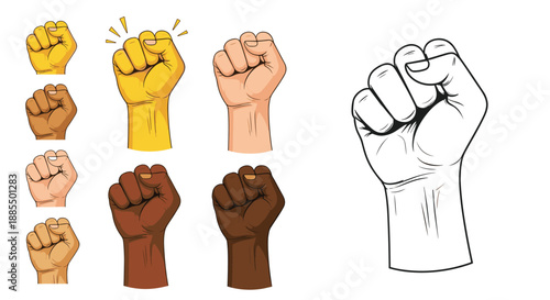 Collection of raised clenched fists in different skin tones and styles representing unity and social movements.