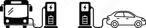 Electric bus and car charging station icons set with vehicles connected to power isolated vector illustration