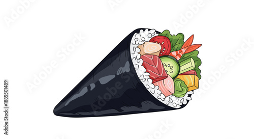 Detailed illustration of a vibrant sushi hand roll packed with fish vegetables and shrimp in a dark seaweed wrap.