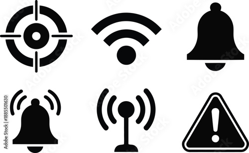 Six essential communication and alert icons including a target, WiFi signal, and warning sign on white
