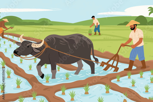Illustration Of A Man Wearing A Hat Trying To Plow His Rice Field Using A Buffalo Vector Design Template