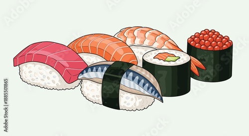 Variety of traditional japanese sushi pieces including nigiri with salmon and tuna alongside maki rolls and salmon roe gunkan.