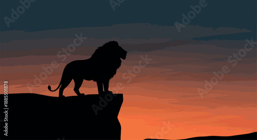 Silhouette of a lion standing on a rocky outcrop against a vibrant orange and blue sunset background.