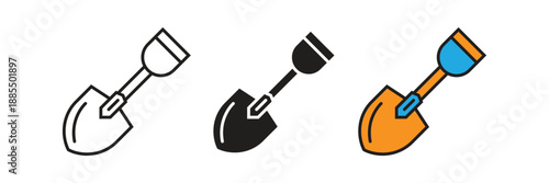 Professional garden shovel vector icon set featuring outline, glyph, and flat color styles for landscaping.