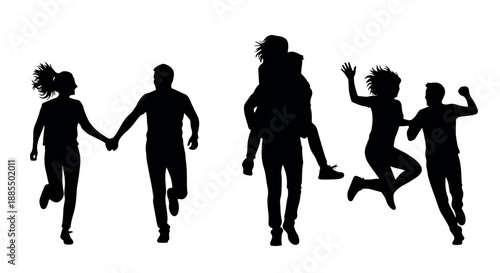 Silhouette illustration of five people running and jumping in various poses against a white background.