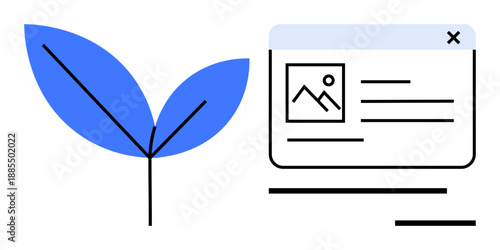 Sustainability, digital design, eco-technology, online growth, web solutions, user interface. Blue leaf alongside web page layout with graphic elements. Sustainability and digital design ideas