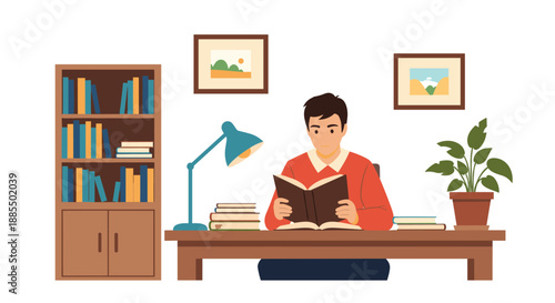 Man sitting at a desk reading a book in a cozy home office featuring a blue lamp bookshelf paintings and a green potted plant.