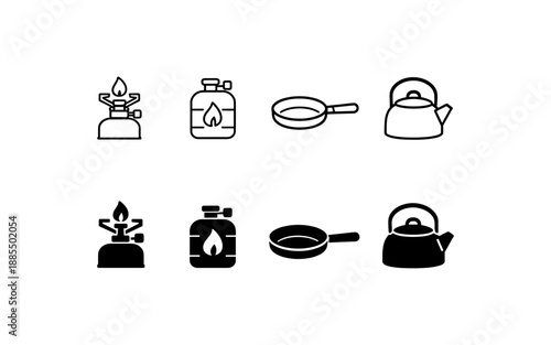 Camping cooking icons: portable stove, fuel canister, frying pan, and kettle