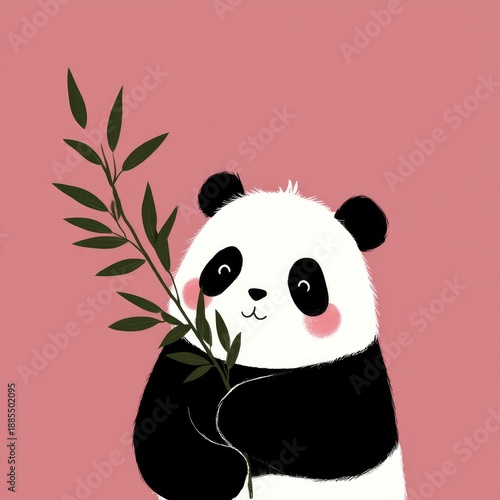 Cute panda holding bamboo against a pink background.