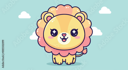 Kawaii cartoon lion with pink mane standing against a light blue sky with white clouds in a digital illustration.