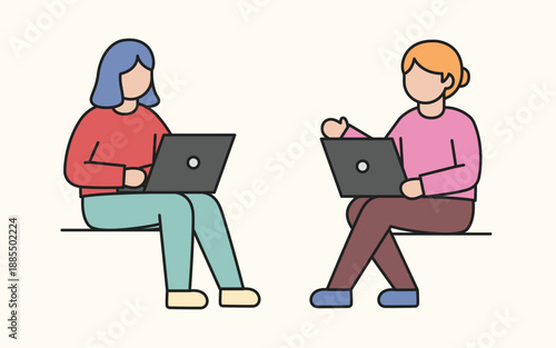 Two women working on laptops together in minimalist flat line art style