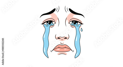 Emotional illustration showing a close-up of a woman crying with large blue tears streaming down her pale sad face.