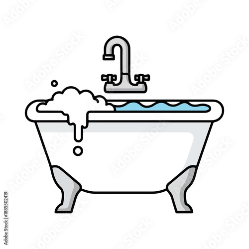 Bathtub Icon with Faucet Water and Bubbles Simple Line Art