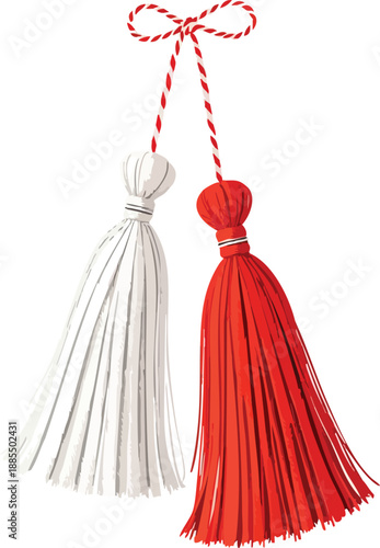 Red and white tassels tied with twisted bow festive cultural ornament vector illustration