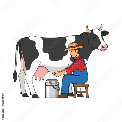 Farmer Milking Cow Hand Drawn Cartoon Vector Illustration