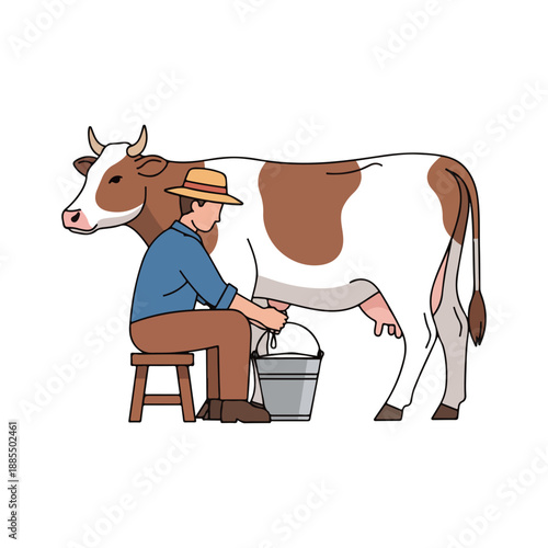 Farmer Milking Cow Dairy Farming Illustration Traditional Production