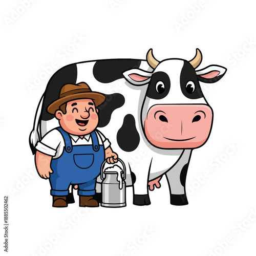 Cheerful Farmer and Dairy Cow Holding Milk Can Cartoon Vector