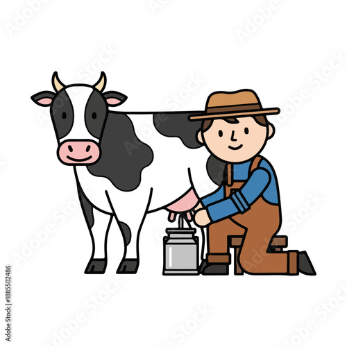 Farmer Milking Cow Dairy Production Agriculture Cartoon Vector