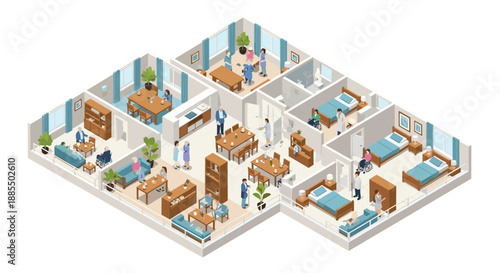 Detailed isometric floor plan of a modern nursing home showing common areas and private rooms with seniors and staff.