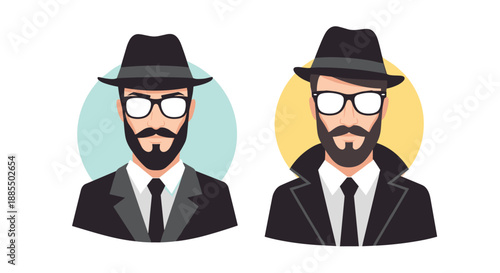 Two identical male characters dressed in black suits and hats with white glasses positioned against circular backgrounds.