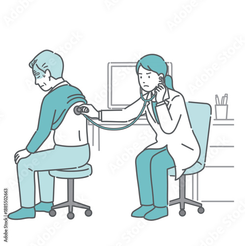 背中の聴診を受ける冷や汗をかいた高齢男性と深刻な表情の白衣の女性医師のイラスト