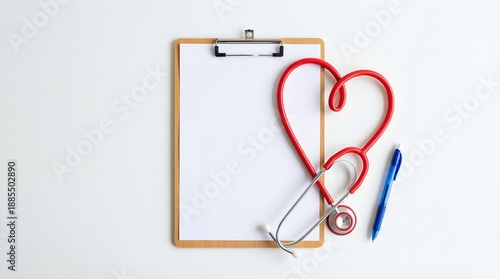 A stethoscope shaped into a heart, laying on a clipboard with a pen, represents healthcare and well-being. The image conveys the essence of caring, compassion, and wellness in a symbolic way