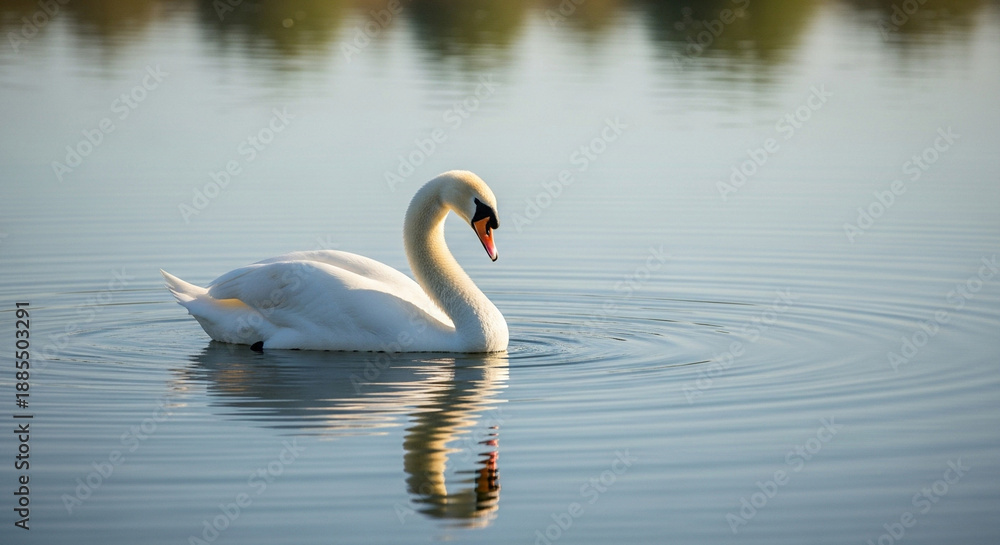 Fototapeta premium Swan swimming gracefully on calm water reflecting sunlight 