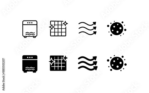 Set of icons representing dishwasher functions: cleaning, air drying, and sanitization