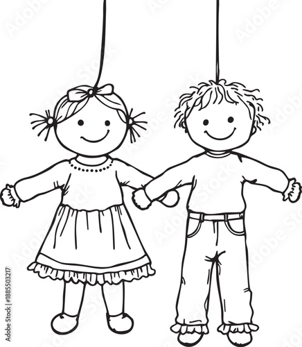Cartoon children holding hands as marionette puppets playful black and white line art vector illustration