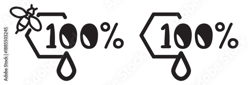 Two versions of natural honey icons in a clean line style. Features honeycomb, honey drop, bee and 100% symbols representing pure, unprocessed, 100% natural honey isolated on a transparent background.