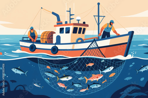 Illustration Of Two Male Fishermen Casting A Large Net To Catch Lots Of Fish Vector Design Template