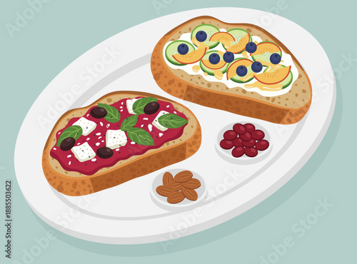 two gourmet sourdough toasts with savory and sweet toppings, served on a white plate with side bowls of almonds and fresh berries.